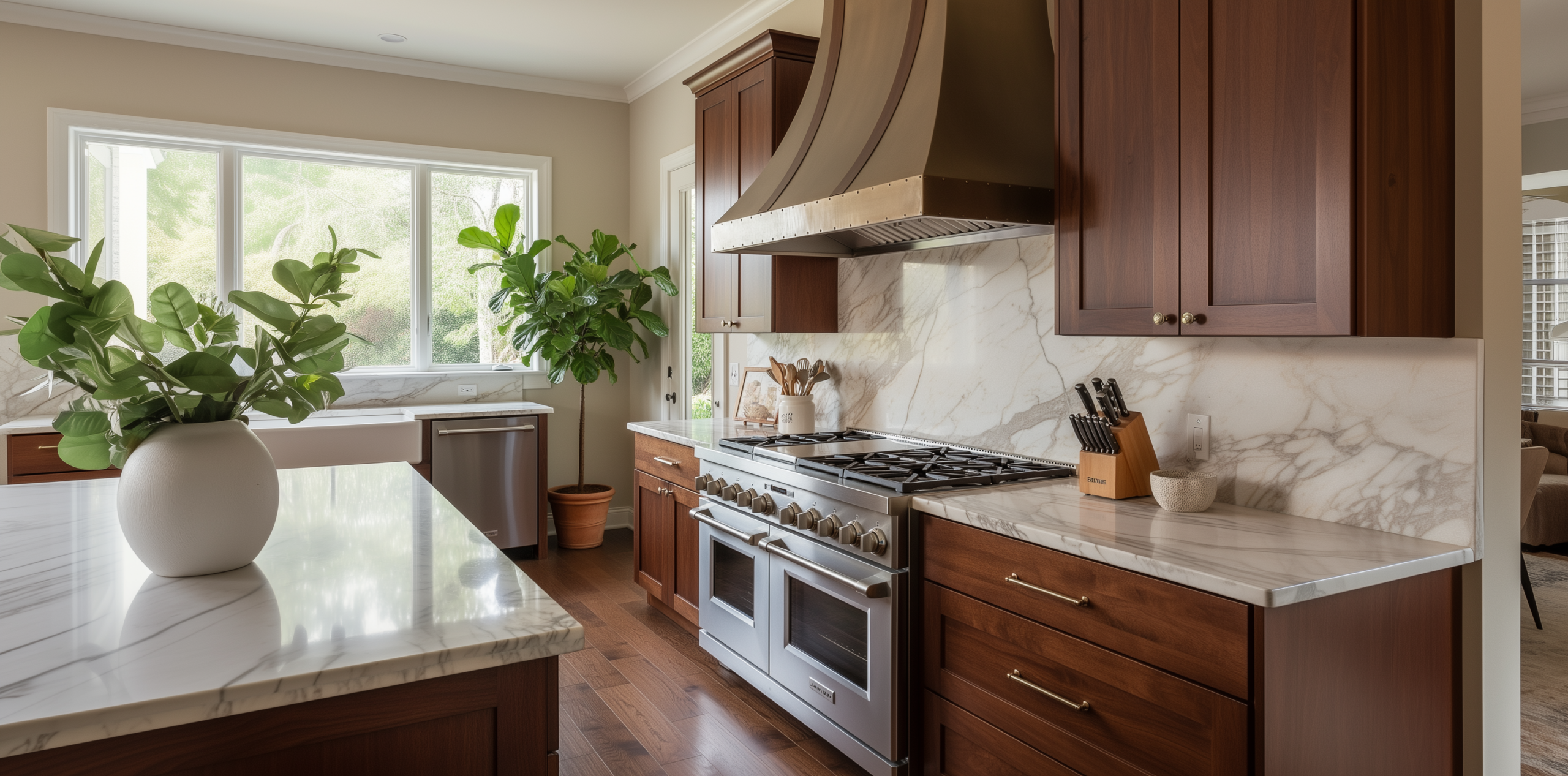 Kitchen with a range hood above a cooktop.